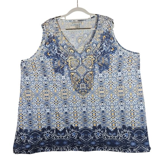 Catherines Womens 26 Blue  Yellow geometric Top With Embellished Beachy Casual - Picture 1 of 10